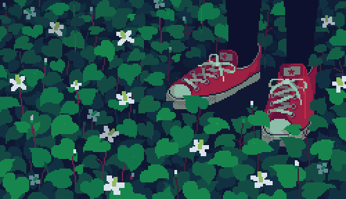 Pixel art of a person wearing red shoes in a field in the rain